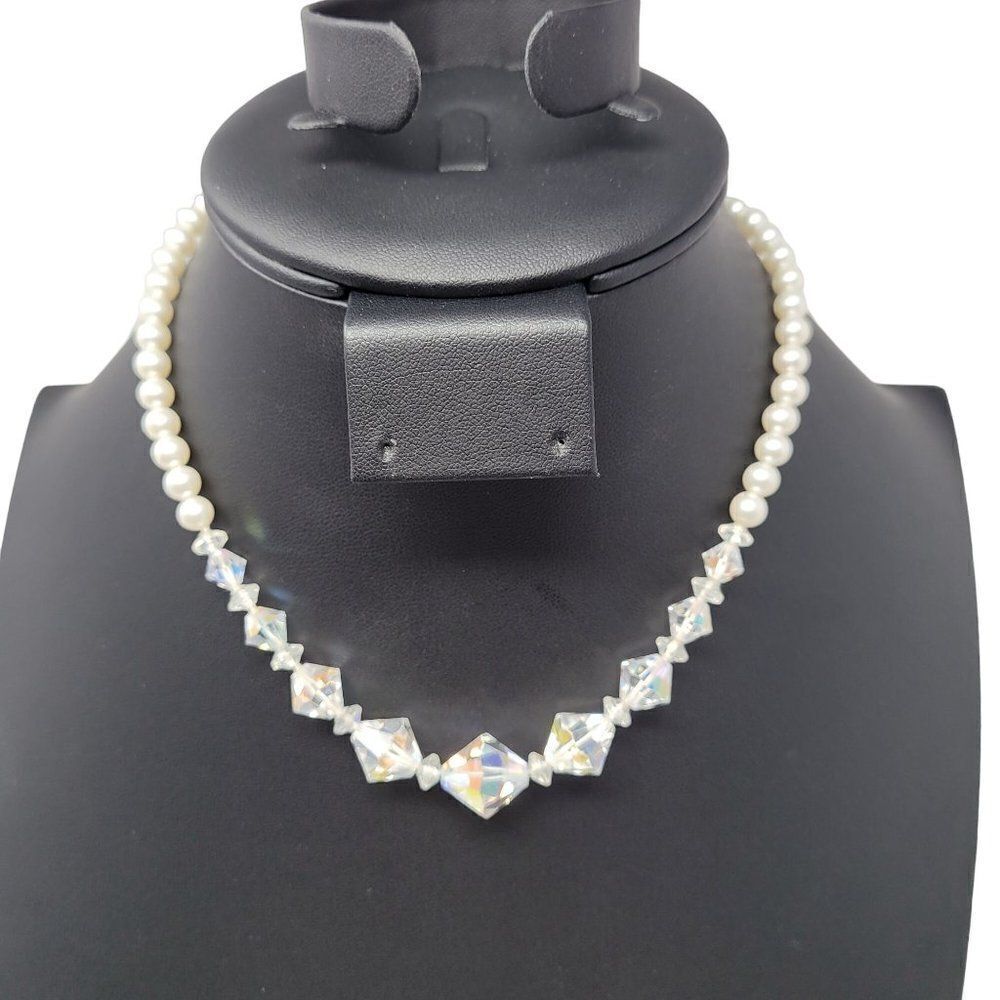 Vintage 50s AB Crystals Faux‎ Pearl Choker Necklace Clear Aurora Borealis Japan